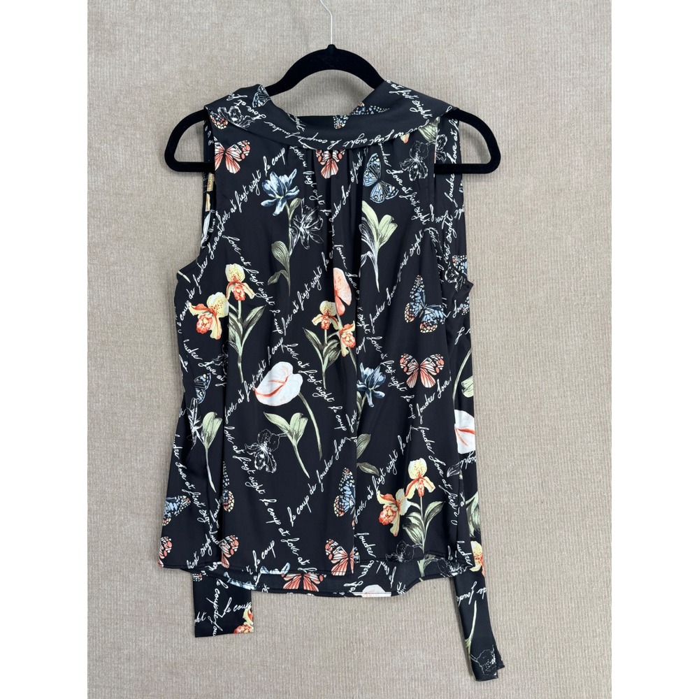 White House Black Market Butterfly Floral Tie Back Sleeveless Blouse Black Small